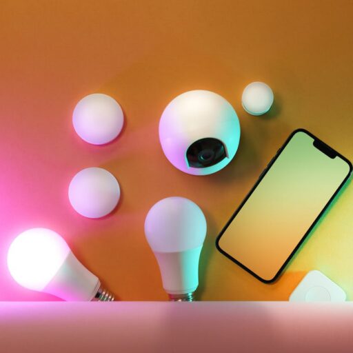 A collection of smart home devices including light bulbs and a smartphone, showcasing modern technology.